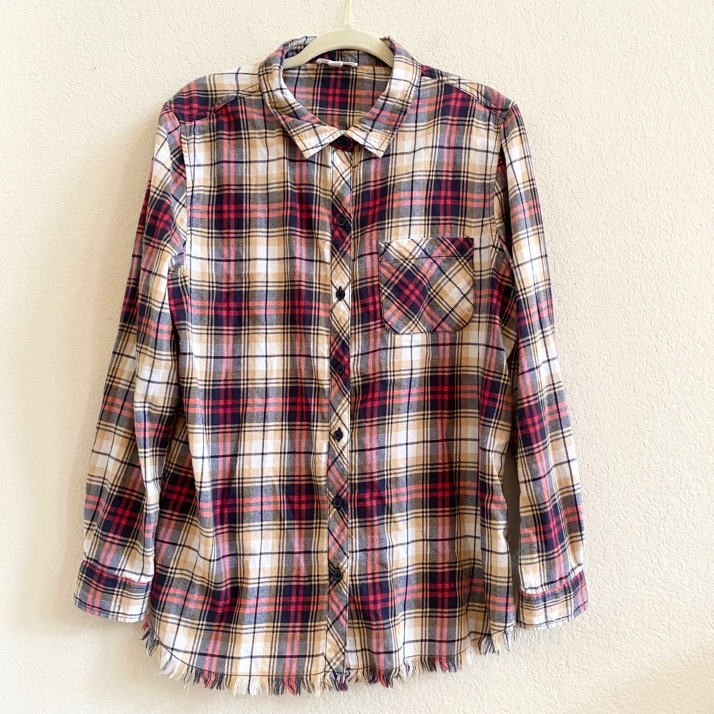 beachlunchlounge collection Womens‎ Large Plaid Button Down Shirt Fringed Hem